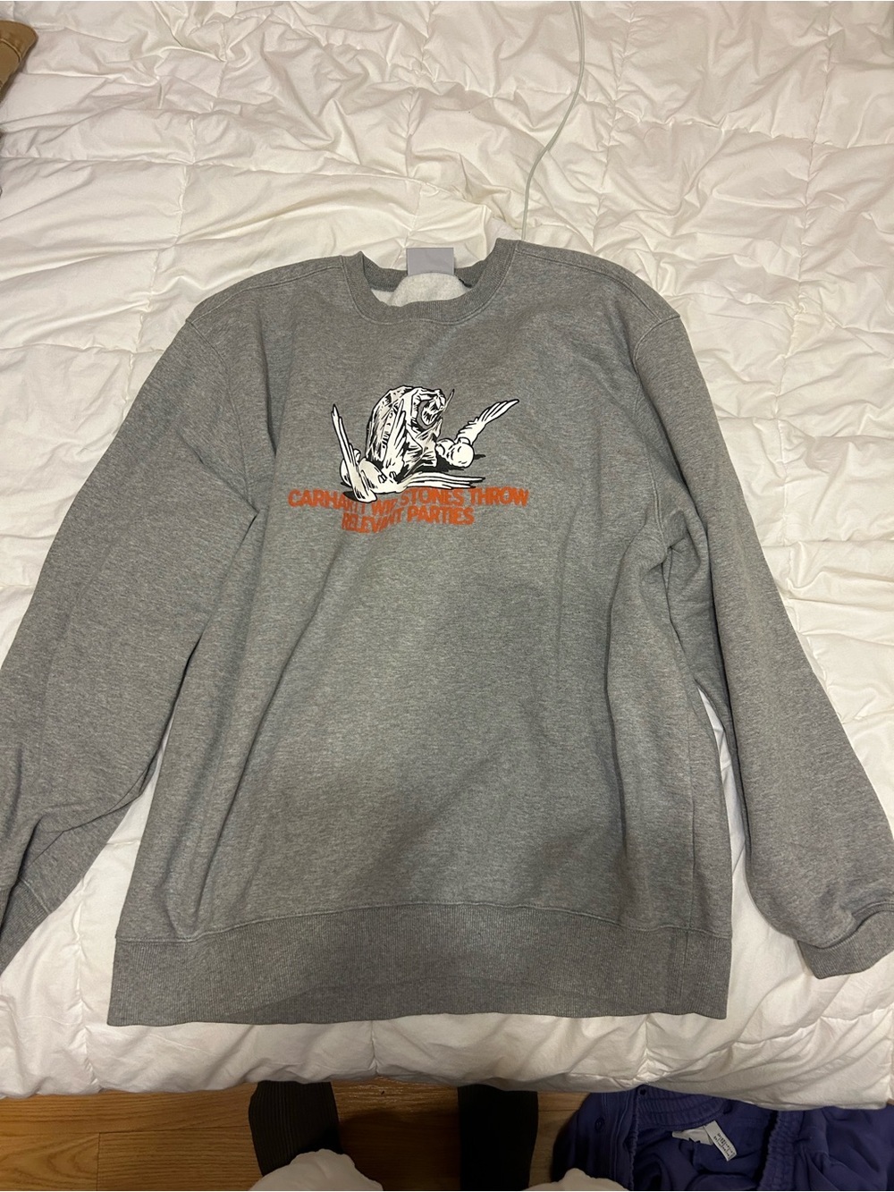 Carhartt Gray Crewneck Sweatshirt with White and Orange Graphic